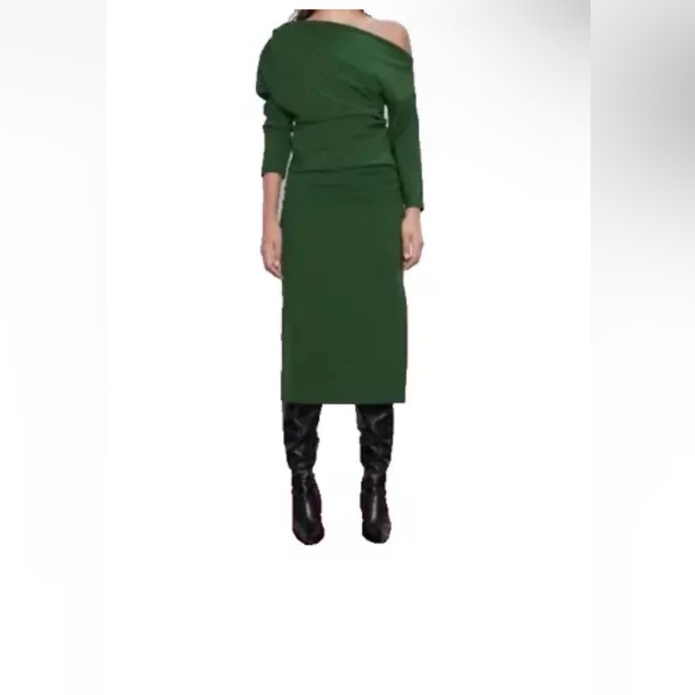 Zara Emerald Green Asymmetrical Top and Midi Ruched Pencil Skirt Size L